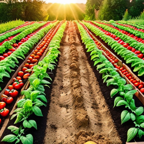 Home 4 A vibrant, sun-drenched vegetable garden in Poland, showcasing rows of thriving tomato plants alongside herbs like basil. Focus on the rich soil and healthy foliage, evoking a sense of abundance and natural growth. Golden hour lighting.
