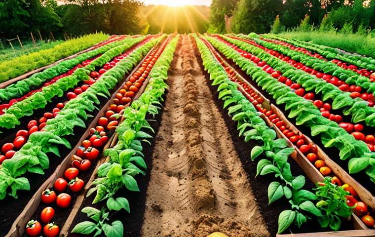 A vibrant, sun-drenched vegetable garden in Poland, showcasing rows of thriving tomato plants alongside herbs like basil. Focus on the rich soil and healthy foliage, evoking a sense of abundance and natural growth. Golden hour lighting.